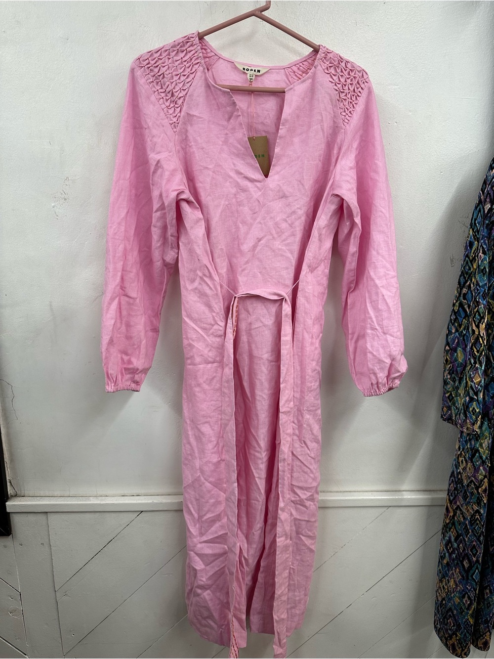 Pink Boden midi smocked dress with tie belt brand new